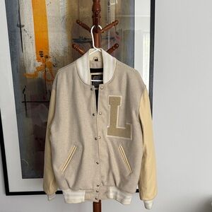 Beige Varsity Jacket with Cream Sleeves